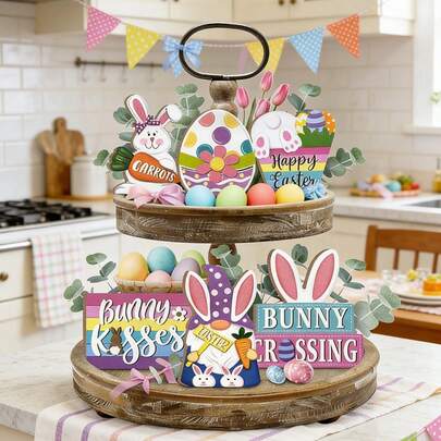 7pcs Happy Easter Egg Bunny Wooden Tiered Tray Decorations Set, Easter Decor, Holiday Home Decor Living Room, Dining Table Centerpiece, Room Decor, Easter Gift