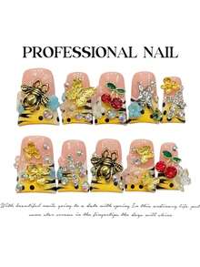 10Pcs Pink Yellow Fake Nails With Bees Butterflies Flower Rhinestone Design For Party Wedding Nail Supplies - Multicolor - View 5