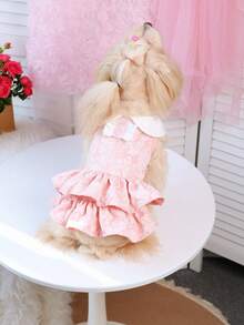 Vestido de mascota de encaje rosa para el Día de San Valentín - Falda con volantes en capas con cuello blanco y decoración de moño para perros pequeños - Rosa - Ver 5