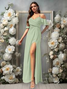 Volly Toych Elegant V-Neck A-Line Long Chiffon Bridesmaid Dress, Suitable For Wedding Guests, Autumn - Celadon - View 4