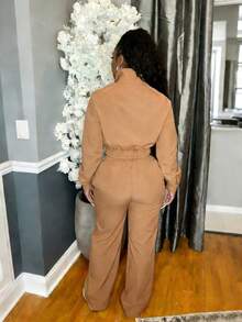 2pcs Women's Fashion Woven Contrast Striped Top And Wide Leg Elastic Waist Sports Pants Set - Khaki - View 2