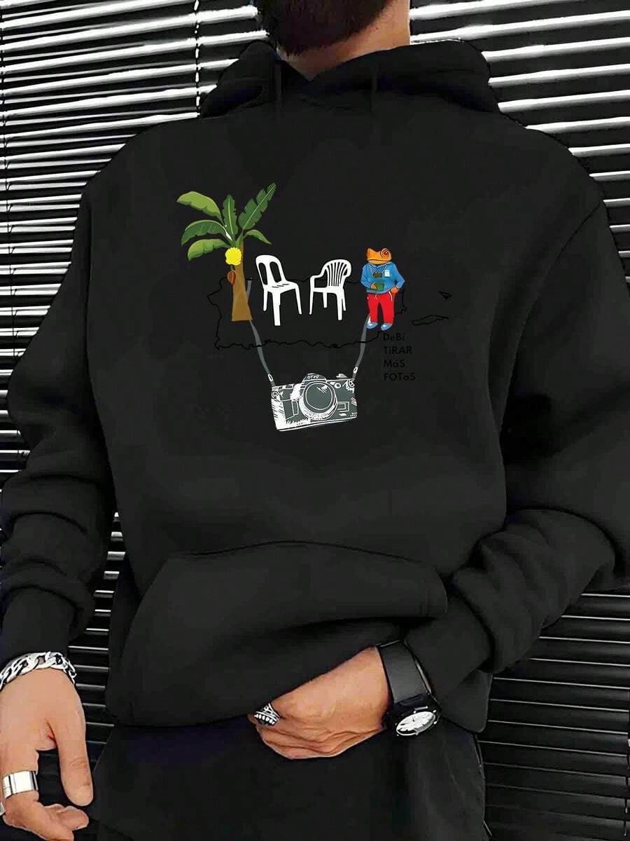[Sudadera con capucha de estampado de rana] Sudadera de punto de 360g para hombres con estampado de cámara de rana de Puerto Rico, bolsillo canguro y cordón ajustable, sudadera casual lavable a máquina para otoño/invierno, comodidad diaria, decoración de jardín de ranas - Negro - Ver 1