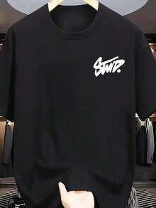 Camiseta de manga corta casual de verano para hombre - Verde menta, con estampado de "Sports", cuello redondo, tela de poliéster suave, ligera y transpirable, adecuada para uso casual - Negro - Ver 1