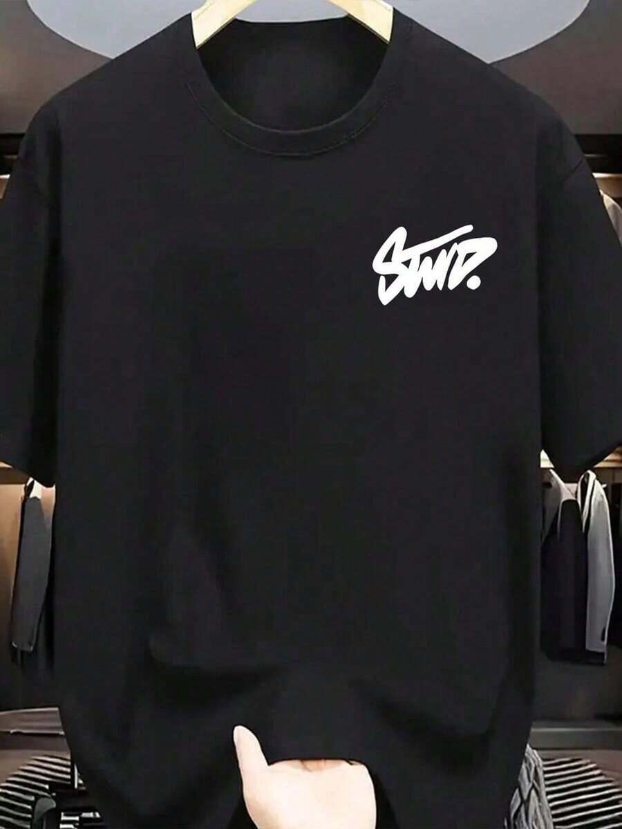 Camiseta de manga corta casual de verano para hombre - Verde menta, con estampado de "Sports", cuello redondo, tela de poliéster suave, ligera y transpirable, adecuada para uso casual - Negro - Ver 1