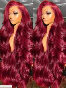 10-36英寸水波纹蕾丝前假发，真人混纺发丝，预先拔毛，无胶假发；13x4高清水波纹蕾丝前假发，真人混纺发丝，女士款，180%密度蕾丝闭合假发，99J酒红色 - S99J/BUG - 查看 4