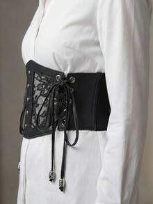 1pc Women's Black Lace Trim Mesh Hollow Elastic Waist Cincher With Tie-Up, Sexy Waist Trainer Suitable For Party, Gathering Or Daily Wear - Black - View 3