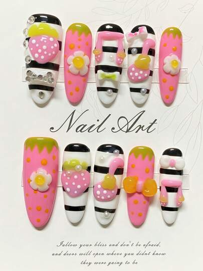 10片手工制作的按压式美甲贴，粉色椭圆形3D草莓装饰Y2K风格可重复使用美甲贴纸，高品质美甲产品，适合日常佩戴、约会、节日，也是很棒的礼物选择。