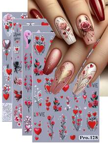 4 miếng dán móng tay nghệ thuật dập nổi 5D chủ đề Ngày Valentine, họa tiết trái tim đỏ, hoa hồng, ren, nơ và thiên thần, decal móng tay khắc 5D, đồ trang trí móng tay tự dính, dụng cụ làm móng dành cho nữ. - Nhiều màu - Xem 2