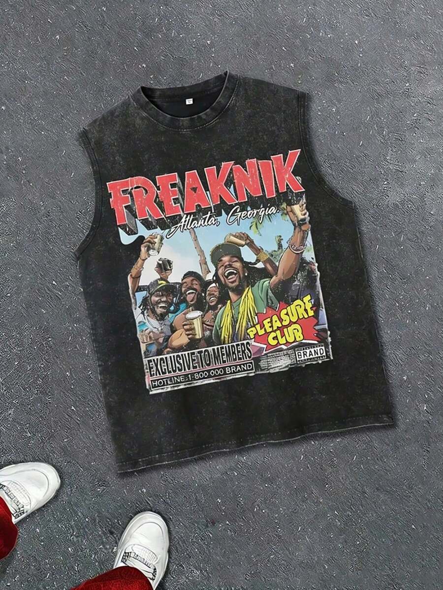 (220g Sleeveless Pure Cotton Washed Vest)The Last Supper, Freaknik Atlanta Theme Printed Spring And Summer Heavy-Duty Pure Cotton Washed Vest, Suitable For Daily Street Style Wear - 黑色 - 查看 1