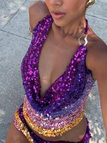 Cccoqdj Women's Sequin Halter Tops Casual Fashion V Neck Cropped Layered Sequin Sparkle Shimmer Camisole Sleeveless Tanks Tops For Party Music Festival Date Night Outfits - 彩色 - 查看 4