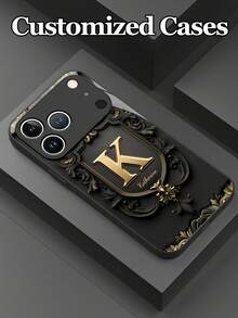 1个可定制复古雕刻边框金色字母设计钢化玻璃手机壳，兼容 17 Pro Max/17 Air/15/16 Pro/14 Plus/13 Pro/12 Pro Max/11/Xs Max/8/7/6 Plus、S24 Ultra/S25 Ultra，兼容Redmi NOTE 13/14、Redmi K40、小米11，时尚商务定制礼品，送给家人、同事、朋友，国际版，非国内版 - 黑色 - 查看 5