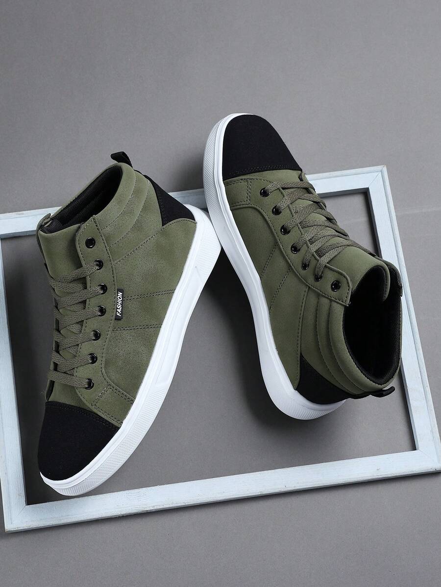 Men's Casual Sneakers, Lace-Up Soft Bottom Comfortable Skateboarding Shoes, Lightweight High-Top - Army Green - View 1