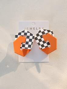 1对复古黑白格子图案涂鸦链条亚克力耳坠，音乐节派对礼物（女士款） - 亮橙色 - 查看 4