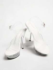 大码水晶细高跟透明系带防滑露趾防水厚底超高跟凉鞋，适合T台走秀、车模、角色扮演等场合 - 白色 - 查看 6