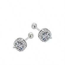 1 Piece Of Sterling Silver Sparkling Light Luxury Style Round Four-Claw Zirconia Earrings For Women, Fashionable And Temperament, Screw Twist Buckle Anti-Falling Earrings