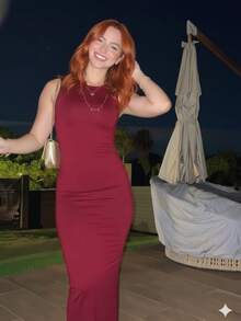 Long Mesh Dress Backless / Backless Party Dress Wedding Events Guest Autumn - Màu Đỏ Sâu - Xem 2