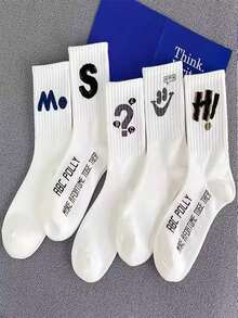 5 Pairs Random Letter Print Men's Mid-Calf Socks, Minimalist & Fashionable, White Socks, Autumn - Multicolor - View 5