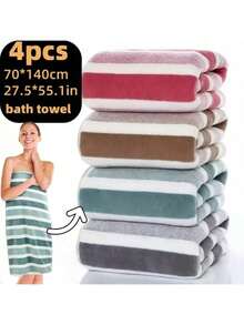 4pcs Large Bath Towel Set, 140x70cm/55.16x27.58in, Thickened Coral Fleece Towels, Ultra-Fine Microfiber, Absorbent, Quick-Dry, Soft & Comfortable, Suitable For Bathroom, Shower, Hotel, Gym, And Spa, Wash Cloths Christmas Decrotions Home Deocr Bathroom Deccor  Bathroom Essentials  Room Deciration Home Décor - 混合顏色 - 查看 1