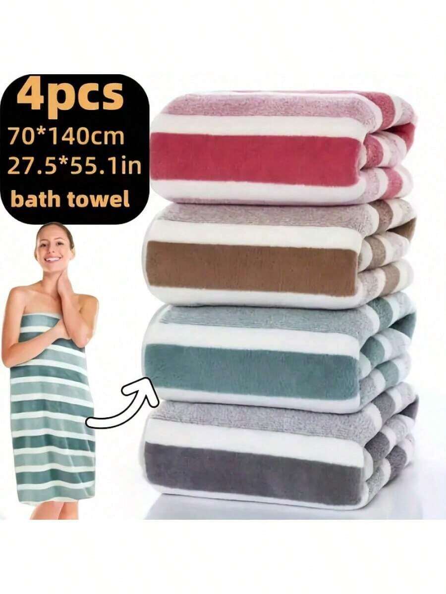 4pcs Large Bath Towel Set, 140x70cm/55.16x27.58in, Thickened Coral Fleece Towels, Ultra-Fine Microfiber, Absorbent, Quick-Dry, Soft & Comfortable, Suitable For Bathroom, Shower, Hotel, Gym, And Spa, Wash Cloths Christmas Decrotions Home Deocr Bathroom Deccor  Bathroom Essentials  Room Deciration Home Décor - 混合顏色 - 查看 1