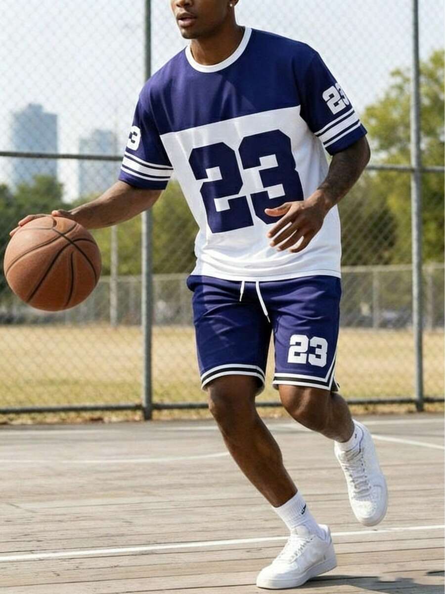 Men's Casual Loose Fit Round Neck Short Sleeve Top And Shorts Set Summer Sports - Multicolor - View 1