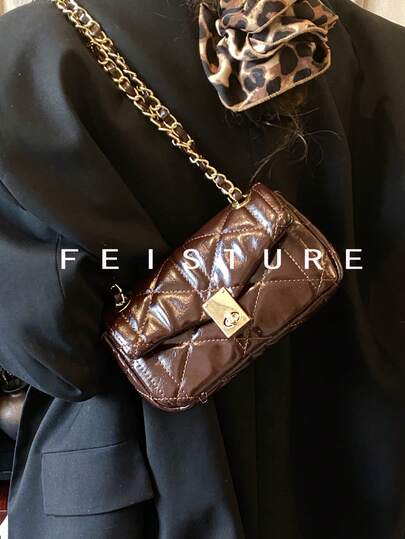 1pc FEISTURE Solid Color PU Quilted Flap Chain Shoulder Bag, Fashion Women's Crossbody Bag, Suitable For Girls, Ladies, College Students, Young Professionals, Great For Work, Business, Commute, School