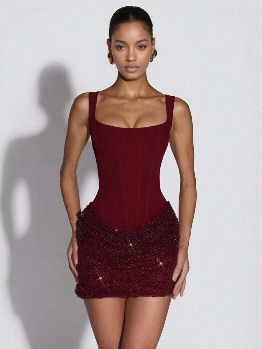 Lace-Up Sequined Halter Bodycon Dress, Fitted Party Dress - 紅色 - 查看 1