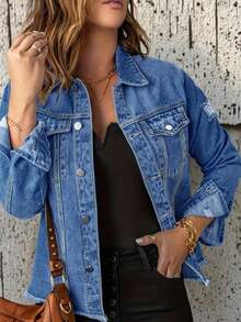 Plus Size Women Distressed Denim Jacket - Button Down Long Sleeve Coat, Frayed Hem, Casual Ripped Style Suitable For All Figures - Medium Wash - View 4
