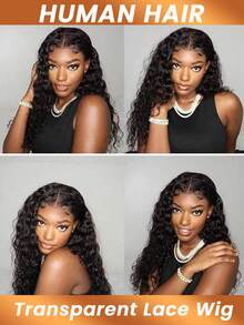 Deep Wave T4*4 Transparent Lace Front Wig Pre Plucked With Baby Hair Curly Wave Human Hair Wigs For Women 180% Density - Natural Black - View 6