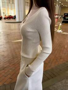 RUIWY 女士V领长袖针织衫，修饰胸型，收腰设计，适合叠穿，春季款 - 白色 - 查看 2