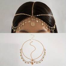 1pc Fashionable Bohemian Metal Seashell Rhinestone Tassel Asymmetrical Geometric Round Pendant Headpiece, Suitable For Women's Dances, Weddings, Parties, Eid Celebrations, Gift For Friends - Multicolor - View 5