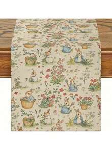 1 pieza Mantel con diseño de conejo de Pascua y flores, decoración de primavera y fiesta de Pascua, tela de poliéster, forma rectangular con acentos de conejo y flores de colores, adecuado para fiesta de Pascua o decoración de mesa de temporada - Verde - Ver 7
