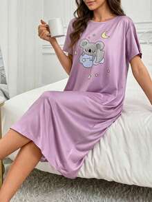 Women's Round Neck Short Sleeve Star, Moon & Gray Koala Print Purple Nightgown - Mauve Purple - View 3