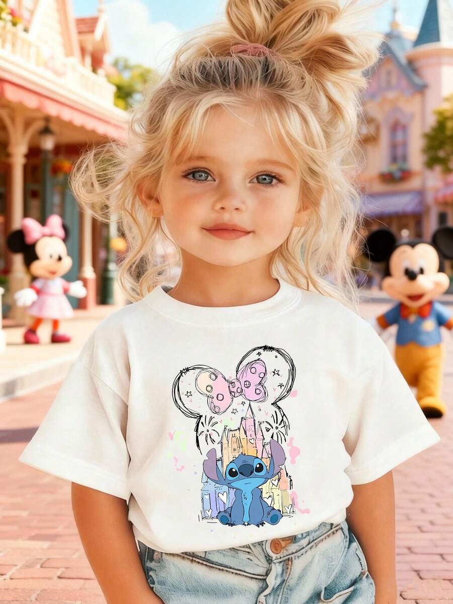 Disney Girls' T-Shirt, Stitch Castle Bow Print Cartoon Design, Summer Cotton Crew Neck Short Sleeve Top For Girls. Perfect For Everyday Wear, Vacations, Outdoor Activities, And As A Gift For Children. - 白色 - 查看 1