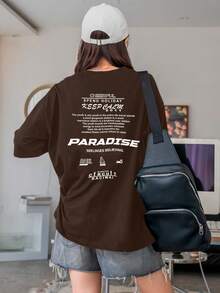 Women's Oversized Printed T-Shirt - Cheerful Paradise Phrase - Loose, Casual, Stylish, Modern, And Cool Blouse - 鏽棕色 - 查看 4