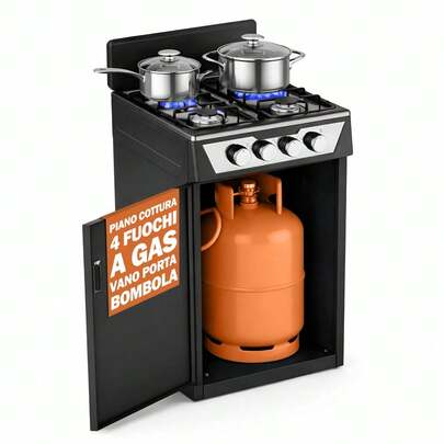 Bakaji Cucina da Esterno con Piano Cottura 4 Fuochi a Gas, Mobile con Vano Portabombola Integrato Ideale per Esterni e Interni, Struttura Salvaspazio Robusta e Compatta con Paravento