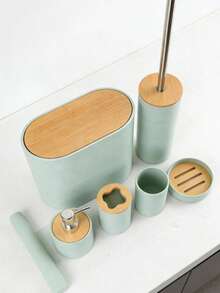 4件/6件套现代简约浴室配件套装，条纹竹盖浴室梳妆台套装，塑料和竹制浴室必备用品，包括皂液器、牙刷架、漱口杯、皂碟、马桶刷、垃圾桶。浴室台面梳妆台套装，浴室必需品，浴室装饰，适合作为乔迁、节日、生日礼物。 - 莫蘭迪綠色 - 查看 3