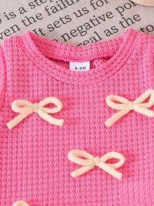 2件套女婴可爱休闲蝴蝶结镂空露背背心+牛仔长裤套装，春夏款 - 玫紅色 - 查看 3