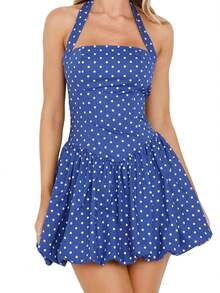 Women's Y2K Sexy Halter Corset Mini Dress Backless Corset Bubble Ruched Waist Club Party Dresses - Màu xanh lam - Xem 2