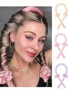 5pcs No-Heat Curling Iron Set, Includes: No-Heat Curling Wand, Satin Sleep Cap, No-Heat Hair Band, Hair Scrunchies, Soft Sleep Cap, Flexible Styling Tool, Suitable For Women With Long Hair To Create Wavy Hairstyles - Multicolor - View 2