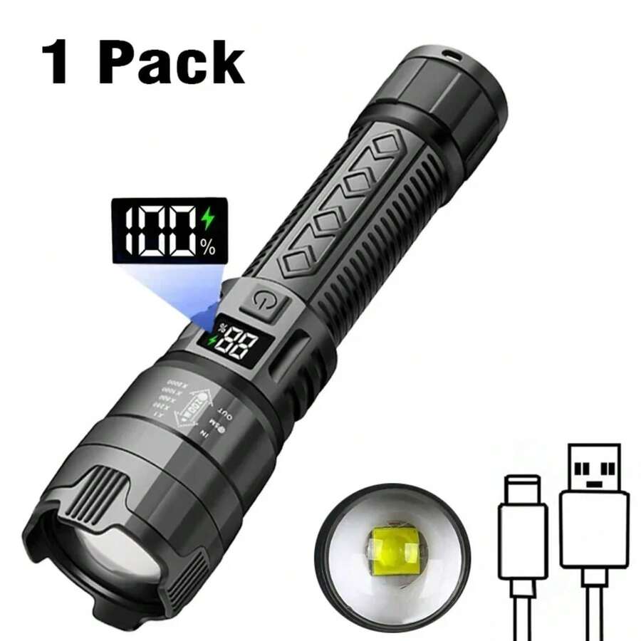 Linterna Led de alta potencia, linterna recargable por USB con pantalla, luz con zoom y batería, linterna para acampar y senderismo, lámpara de emergencia - P50 - Ver 1