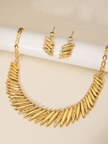 3pcs Minimalist Metal Copper Gold Jewelry Set - Includes Necklace, Earrings And Chain. Suitable For Women As Accessories For Weddings, Parties And Other Occasions - Yellow Gold - View 10
