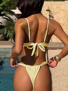 Traje de baño de mujer, bikini básico sexy en estilo rojo sexy y azul claro sólido, bañador retro para la playa para mujer, disfraz de fiesta de Navidad, regalo para ella, vacaciones de San Valentín de verano - Amarillo - Ver 3