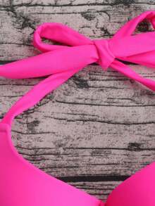 Women's Solid Color Hard Cup Steel Holder Bikini Three Pieces Set Paired With Printed Mesh Skirt - Multicolor - View 5