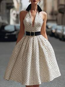 Women's Elegant Polka Dot Sleeveless V-Neck Midi Dress, Suitable For Daily Wear And Gatherings, Spring/Summer - White - View 1