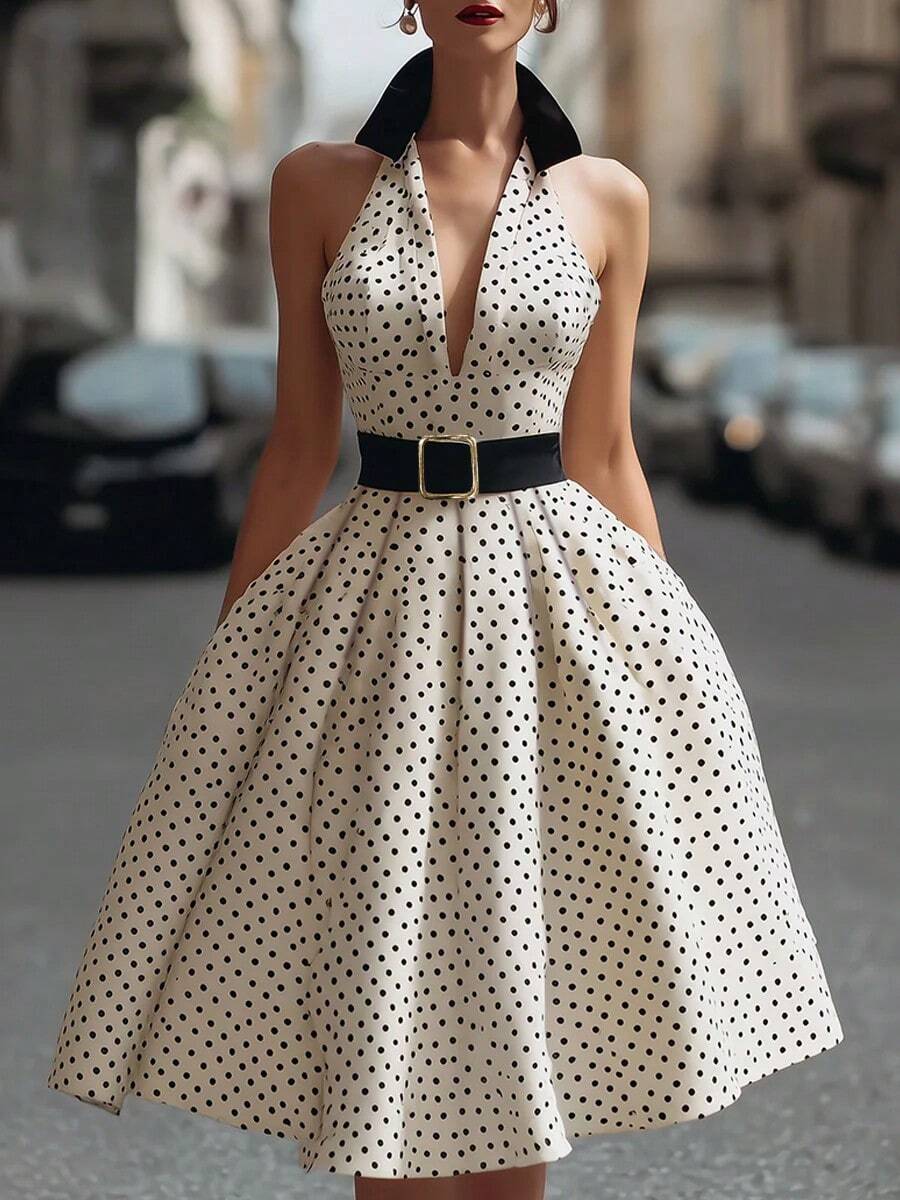 Women's Elegant Polka Dot Sleeveless V-Neck Midi Dress, Suitable For Daily Wear And Gatherings, Spring/Summer - White - View 1