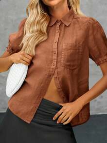 Women's Puff Short Sleeve Button Down Shirt Casual Collared V Neck Linen Loose Fit Work Blouse - Brown - View 3