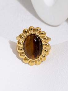 1pc Fashionable European & American Style Vintage High-End Personality Design Plated Stainless Steel Tiger Eye Natural Stone Geometric Open Ring, Suitable For Women's Daily, Party, And Date Wear - Multicolor - View 5