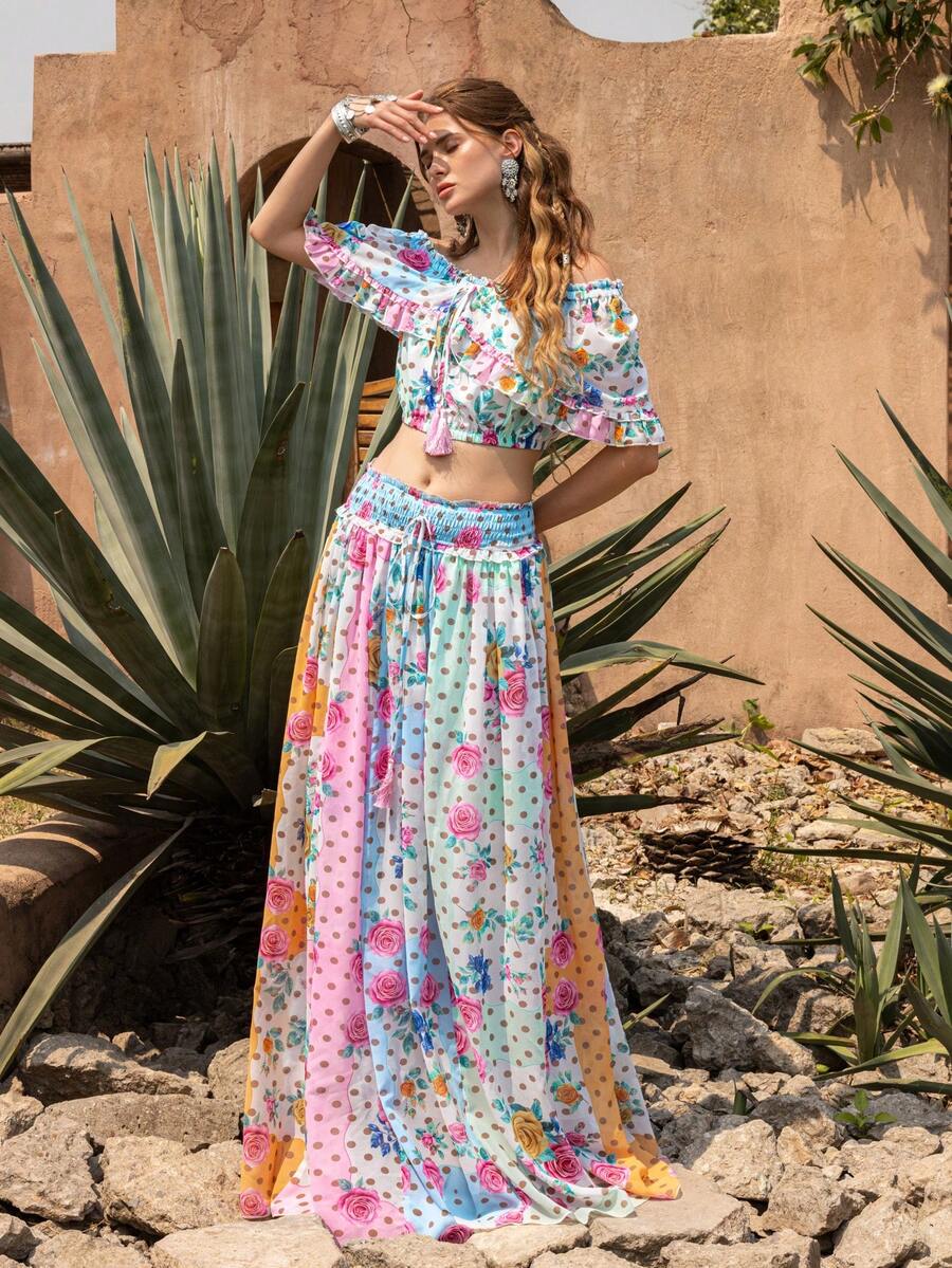 Faeriesty 2-Piece Elegant Open Shoulder Outfit: Embroidered Cropped Top With Ruffle Trim; High-Waisted Printed Maxi Skirt With Elastic Drawstring Waist; Mixed Prints; Lightweight And Flowing Fabric - Perfect For Destination Wedding Guest, Boho Bride Photoshoot, Garden Party, Vacation, Romantic Getaway Summer - Multicolor - View 1