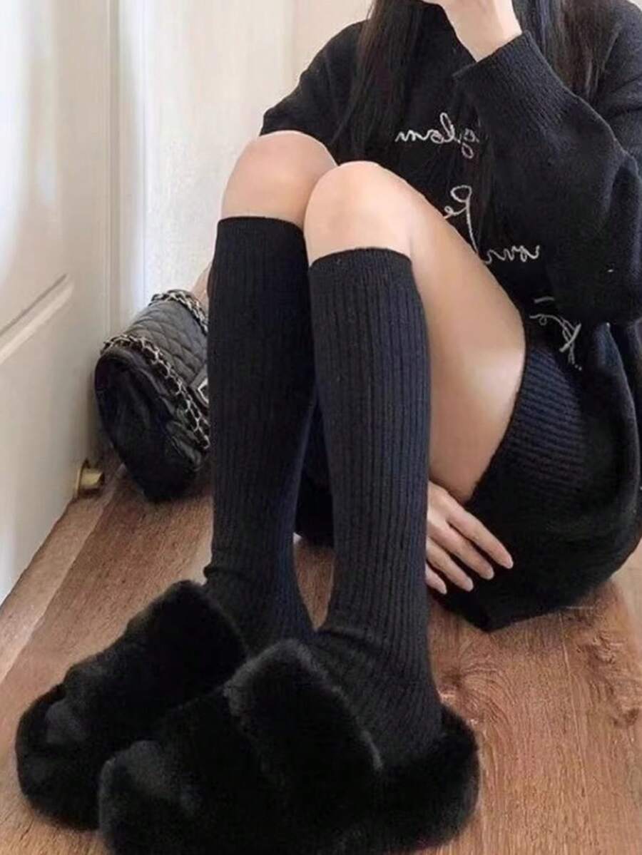 女士针织袜，纯色竖条纹过膝袜，保暖复古风，圣诞礼物 - 米色 - 查看 1