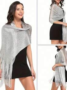 1件伊斯兰头巾包头巾时尚亮丽大披肩沙滩巾防晒披肩头巾金银色闪亮围巾女士蕾丝流苏派对晚礼服围巾 - 彩色 - 查看 1